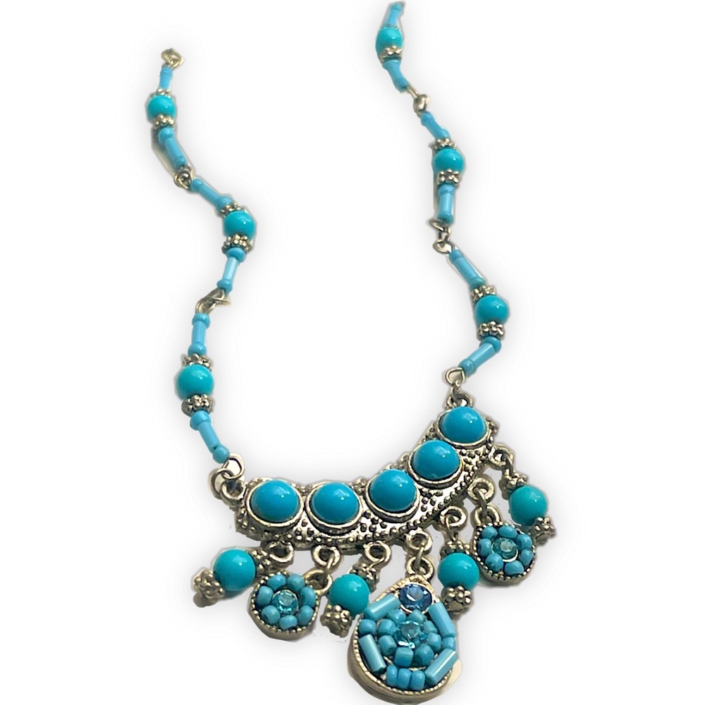 VTG Tribal Turquoise & Aqua Hand-Beaded Necklace W/Silver Accents Aqua Crystals